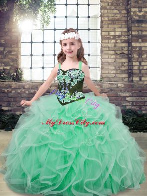 Apple Green Ball Gowns Embroidery and Ruffles Evening Gowns Lace Up Tulle Sleeveless Floor Length