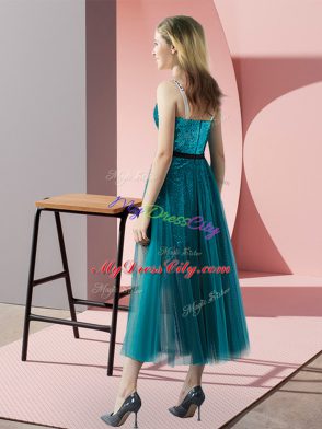 Teal Spaghetti Straps Zipper Sequins Prom Dresses Sleeveless