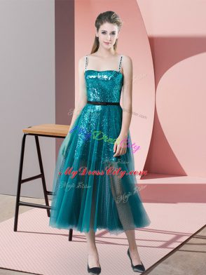 Teal Spaghetti Straps Zipper Sequins Prom Dresses Sleeveless