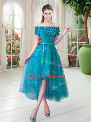 Teal Tulle Lace Up Off The Shoulder Short Sleeves High Low Prom Gown Appliques