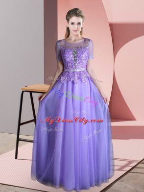 Elegant Lavender Scoop Neckline Beading and Lace Short Sleeves Backless