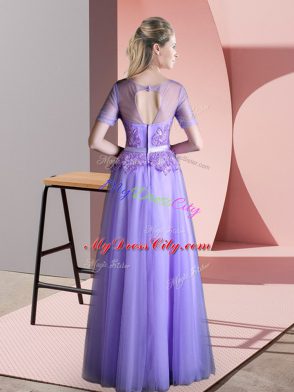 Elegant Lavender Scoop Neckline Beading and Lace Short Sleeves Backless