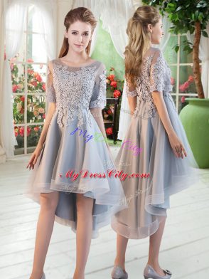 Hot Selling Grey Scoop Lace Up Appliques Evening Dress Half Sleeves