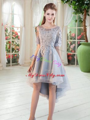 Hot Selling Grey Scoop Lace Up Appliques Evening Dress Half Sleeves