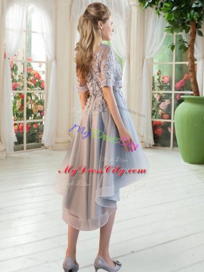 Hot Selling Grey Scoop Lace Up Appliques Evening Dress Half Sleeves