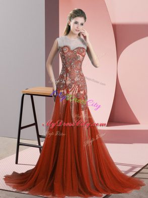 Exquisite Scoop Sleeveless Tulle Prom Dresses Beading Sweep Train Backless