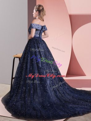 Navy Blue Off The Shoulder Neckline Beading Prom Dresses Sleeveless Lace Up