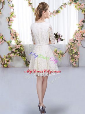 Trendy V-neck Half Sleeves Dama Dress for Quinceanera Mini Length Belt Lavender Lace