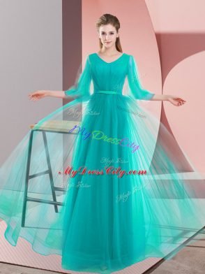 Turquoise V-neck Lace Up Beading Prom Evening Gown Long Sleeves