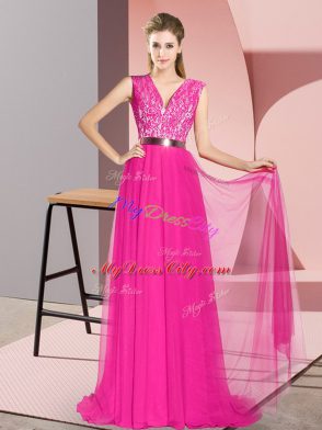 Sleeveless Beading and Lace and Belt Zipper with Fuchsia Sweep Train