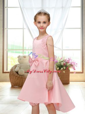 New Arrival Scoop Sleeveless Flower Girl Dress High Low Lace and Bowknot Pink Satin