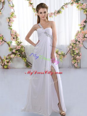 Fitting White Empire Chiffon One Shoulder Sleeveless Beading Lace Up Wedding Guest Dresses Brush Train