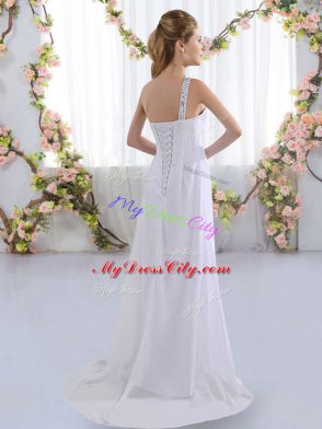 Fitting White Empire Chiffon One Shoulder Sleeveless Beading Lace Up Wedding Guest Dresses Brush Train