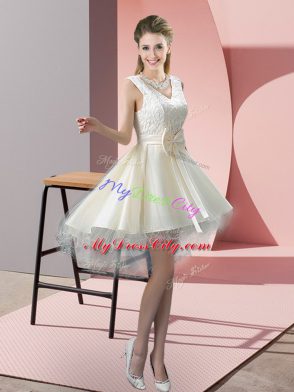 Best Tulle V-neck Sleeveless Lace Up Lace and Bowknot Dress for Prom in White