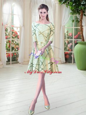 Elegant Yellow Green Half Sleeves Ruching Knee Length Prom Dress