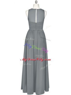 Nice Grey Empire Scoop Sleeveless Chiffon Floor Length Zipper Ruching Prom Dresses