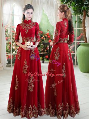 Fashionable Wine Red Empire Tulle High-neck 3 4 Length Sleeve Lace Floor Length Zipper Prom Gown