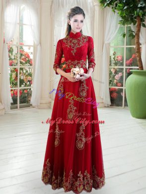 Fashionable Wine Red Empire Tulle High-neck 3 4 Length Sleeve Lace Floor Length Zipper Prom Gown