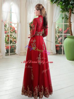 Fashionable Wine Red Empire Tulle High-neck 3 4 Length Sleeve Lace Floor Length Zipper Prom Gown