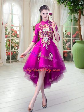 Attractive Fuchsia Zipper High-neck Appliques Homecoming Dress Tulle Half Sleeves