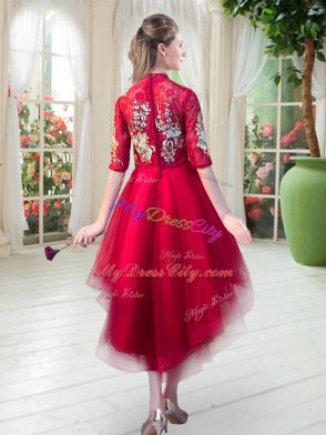 Attractive Fuchsia Zipper High-neck Appliques Homecoming Dress Tulle Half Sleeves