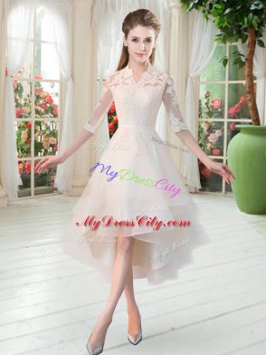 White Prom and Party with Appliques High-neck Half Sleeves Zipper