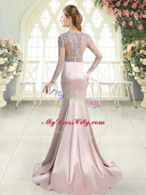 Suitable Pink Long Sleeves Beading and Lace Zipper Prom Dress