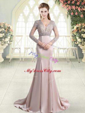 Suitable Pink Long Sleeves Beading and Lace Zipper Prom Dress