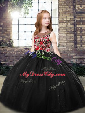 Black Scoop Zipper Embroidery Kids Pageant Dress Sleeveless