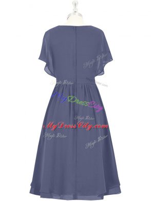 Blue Short Sleeves Knee Length Bowknot Zipper Homecoming Dress