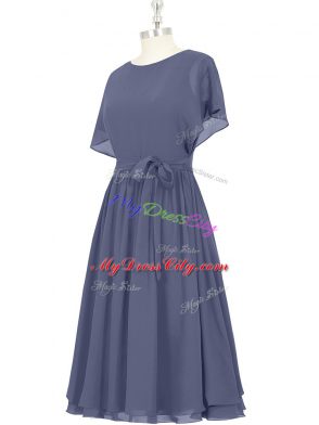 Blue Short Sleeves Knee Length Bowknot Zipper Homecoming Dress