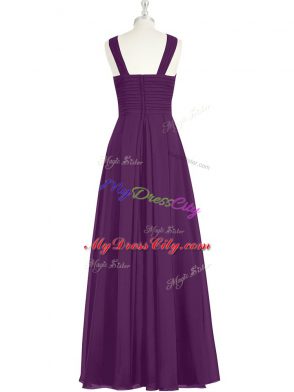 Popular Eggplant Purple A-line Chiffon Straps Sleeveless Ruching Floor Length Zipper Prom Evening Gown