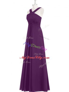 Popular Eggplant Purple A-line Chiffon Straps Sleeveless Ruching Floor Length Zipper Prom Evening Gown