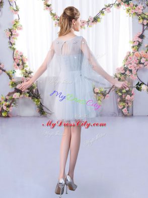 Noble Grey Lace Up Scoop Lace Dama Dress for Quinceanera Tulle 3 4 Length Sleeve