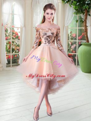 Glorious Peach A-line Off The Shoulder 3 4 Length Sleeve Tulle High Low Lace Up Sequins Prom Gown