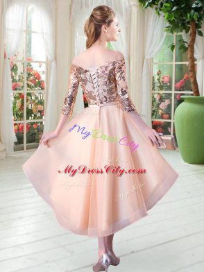 Glorious Peach A-line Off The Shoulder 3 4 Length Sleeve Tulle High Low Lace Up Sequins Prom Gown