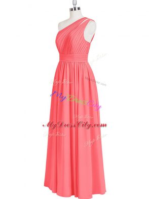 Simple Sleeveless Chiffon Floor Length Zipper Prom Party Dress in Red with Ruching