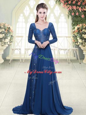 Chic Blue Long Sleeves Sweep Train Beading and Lace Prom Dresses