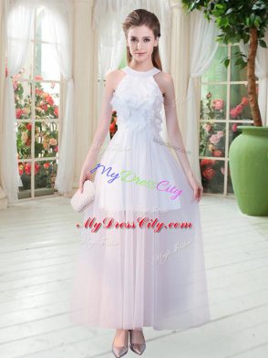 Sleeveless Tulle Ankle Length Zipper Prom Dress in White with Appliques