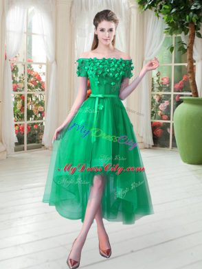 Tulle Off The Shoulder Short Sleeves Lace Up Appliques Prom Dress in Green