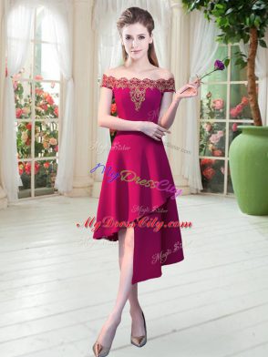 Wine Red A-line Satin Off The Shoulder Sleeveless Appliques Asymmetrical Zipper Prom Evening Gown