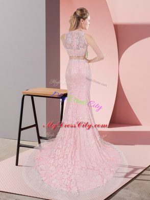 Zipper Prom Party Dress Pink for Prom and Party and Military Ball with Beading Court Train