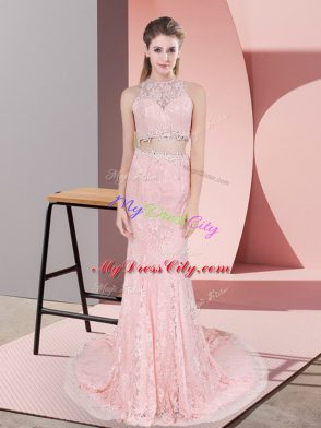 Zipper Prom Party Dress Pink for Prom and Party and Military Ball with Beading Court Train