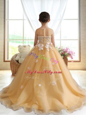 Gold Organza Zipper Little Girls Pageant Gowns Sleeveless Brush Train Beading and Appliques