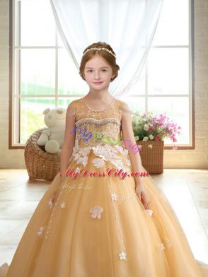 Gold Organza Zipper Little Girls Pageant Gowns Sleeveless Brush Train Beading and Appliques