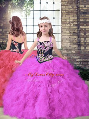 Beading and Embroidery Quinceanera Gowns Fuchsia Lace Up Sleeveless Floor Length