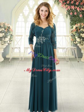 Beading and Ruching Prom Dress Teal Zipper Short Sleeves Sweep Train