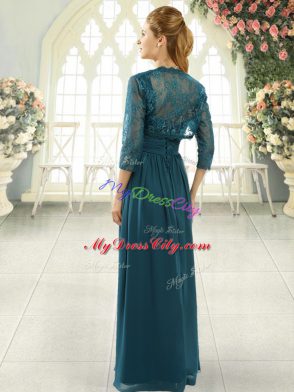 Beading and Ruching Prom Dress Teal Zipper Short Sleeves Sweep Train