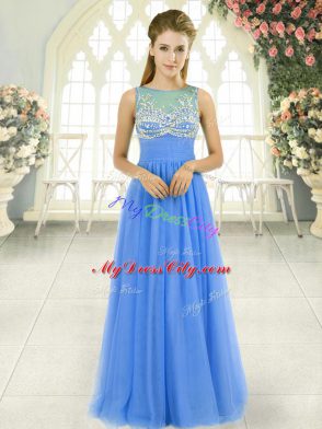 Super Blue Empire Beading Prom Gown Side Zipper Tulle Sleeveless Floor Length