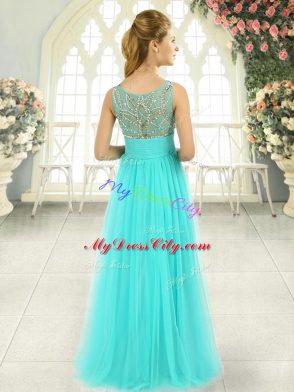 Super Blue Empire Beading Prom Gown Side Zipper Tulle Sleeveless Floor Length